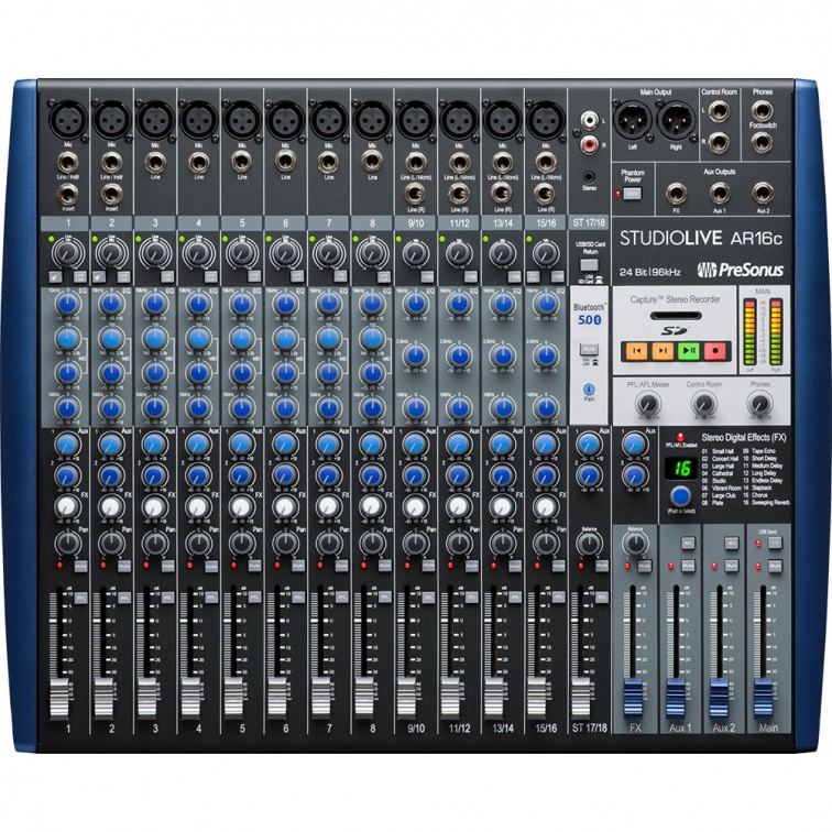Смесителен пулт / миксер с 8 моно и 5 стерео канала PreSonus StudioLive® AR16C  – професионален музикален продукт с високо качество за сцена, студио и репетиции