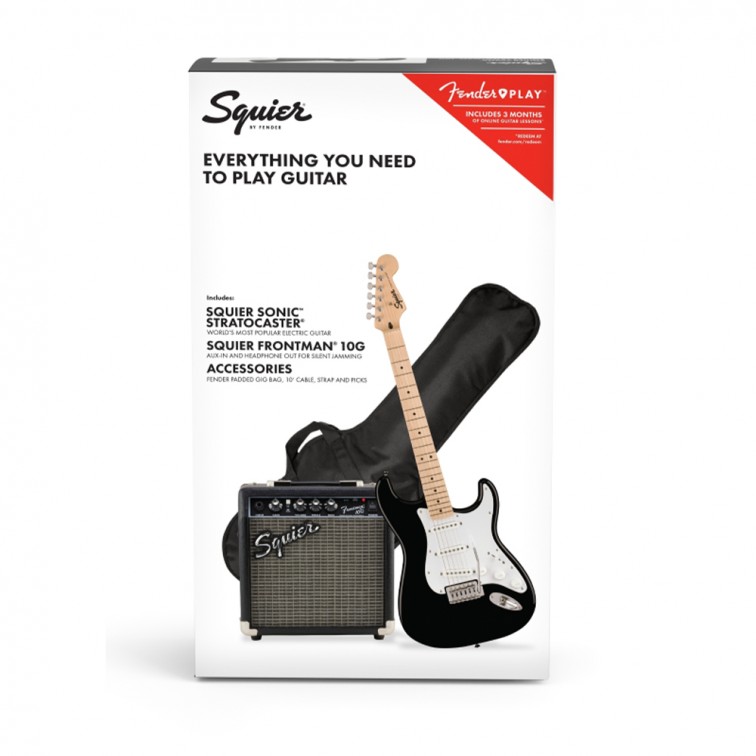 Електрическа китара Fender - комплект усилвател, калъф, колан и перца Squier Sonic Stratocaster + Frontman 10G